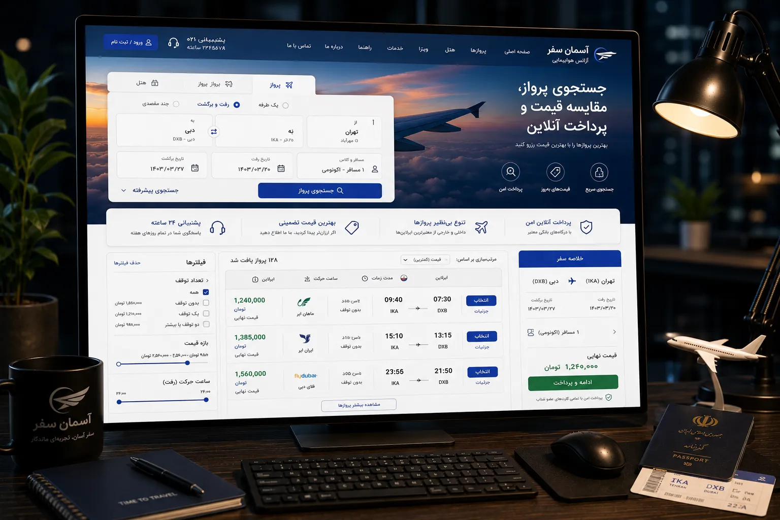 انتخاب پرواز، ثبت اطلاعات مسافر و پرداخت آنلاین بلیط هواپیما