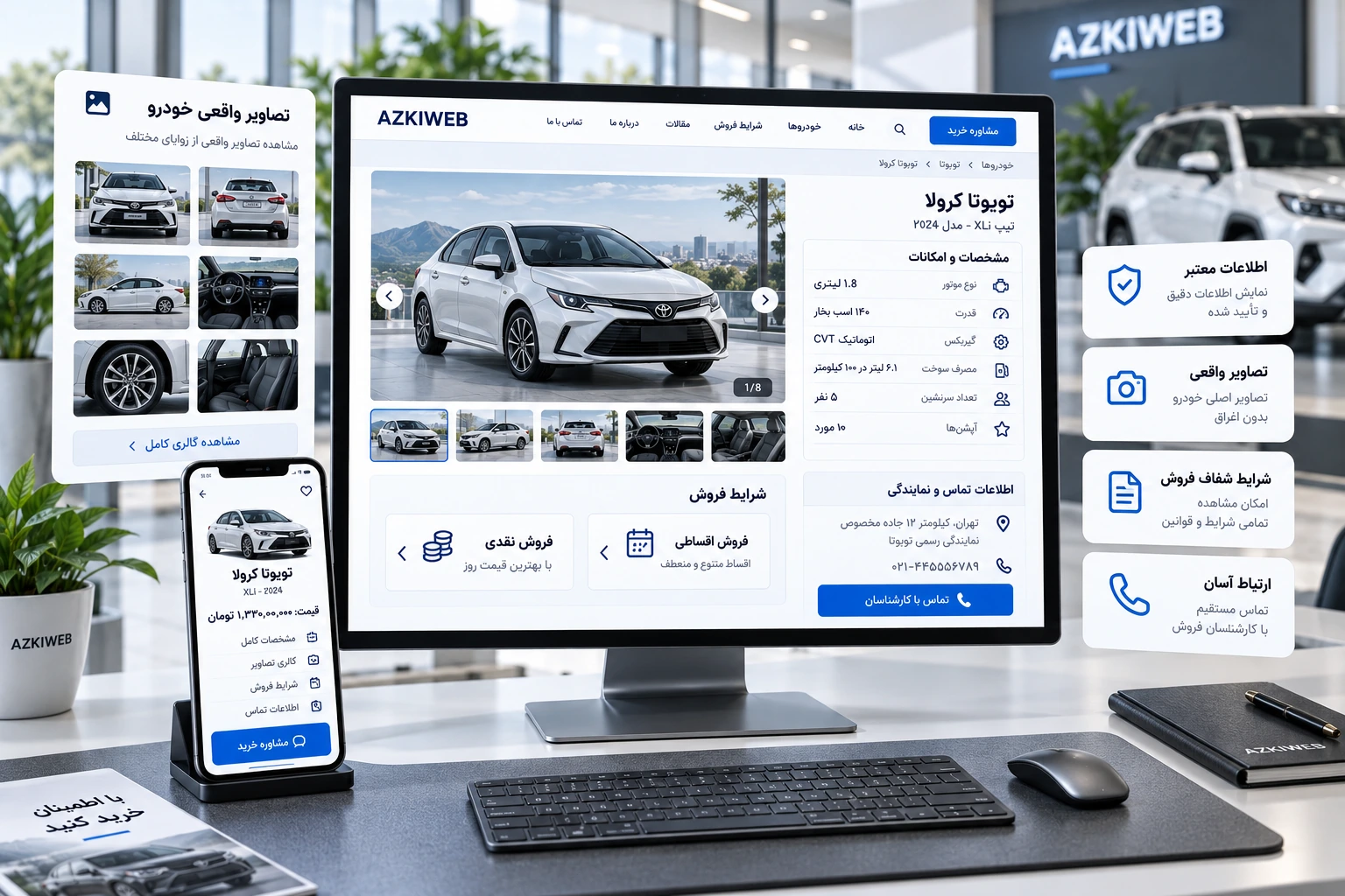 نمایش تصاویر واقعی خودرو، مشخصات، شرایط فروش و اطلاعات اعتمادساز در سایت خودرو