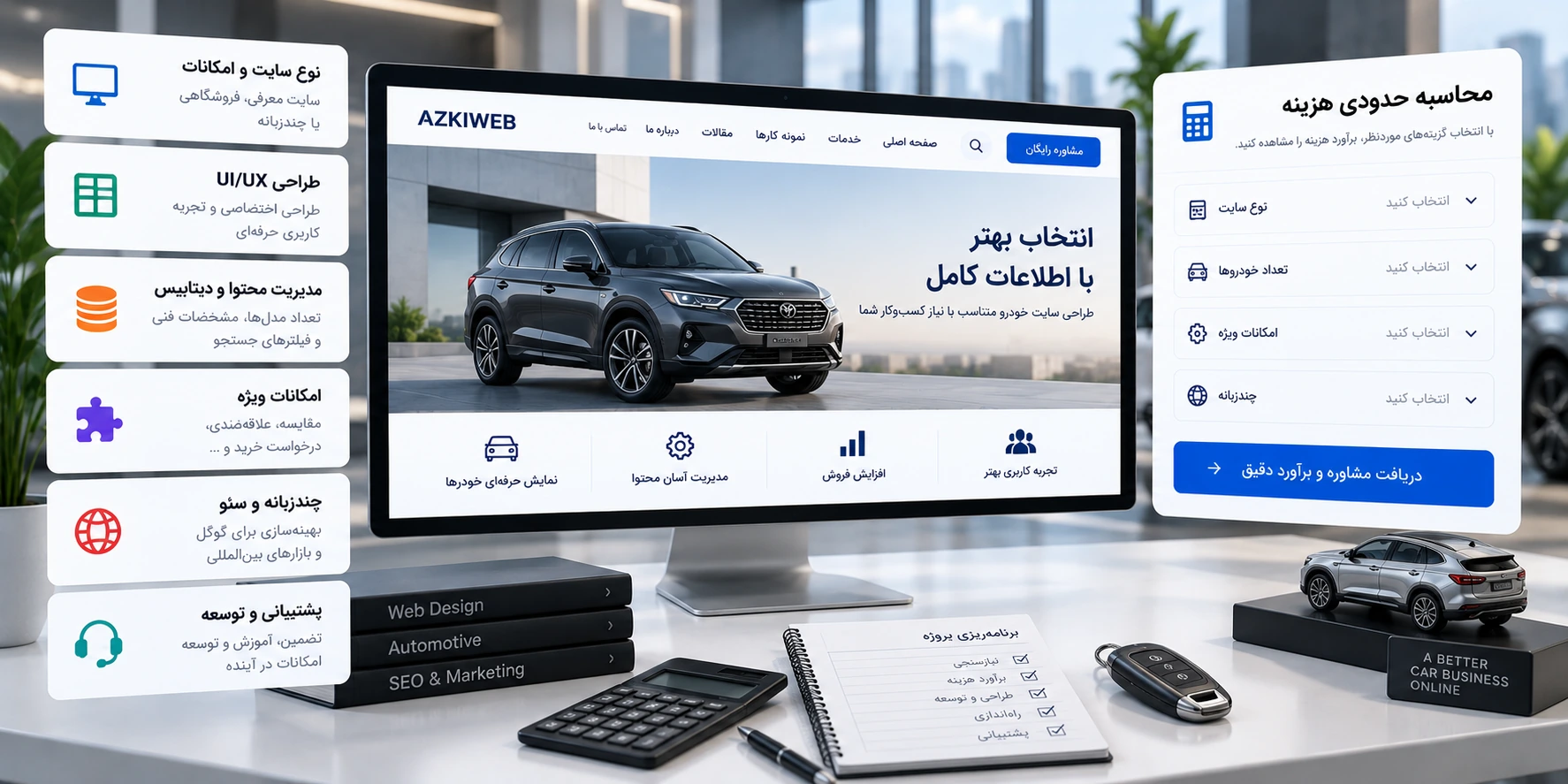 برآورد طراحی سایت خودرو بر اساس تعداد مدل‌ها، امکانات فروش و اتصال‌های فنی