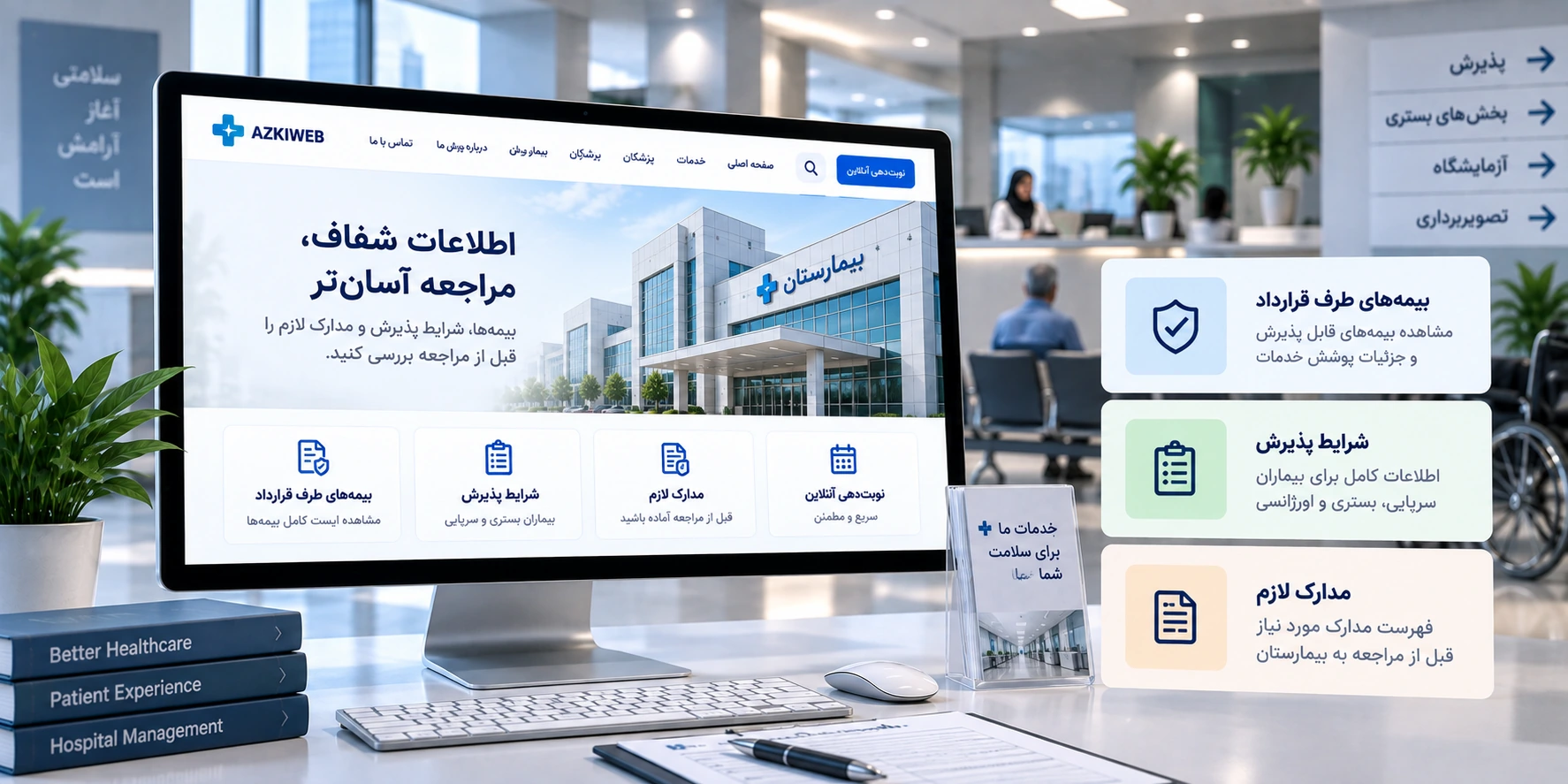 نمایش اطلاعات بیمه، مدارک پذیرش، ساعات مراجعه و راه‌های تماس در سایت بیمارستان