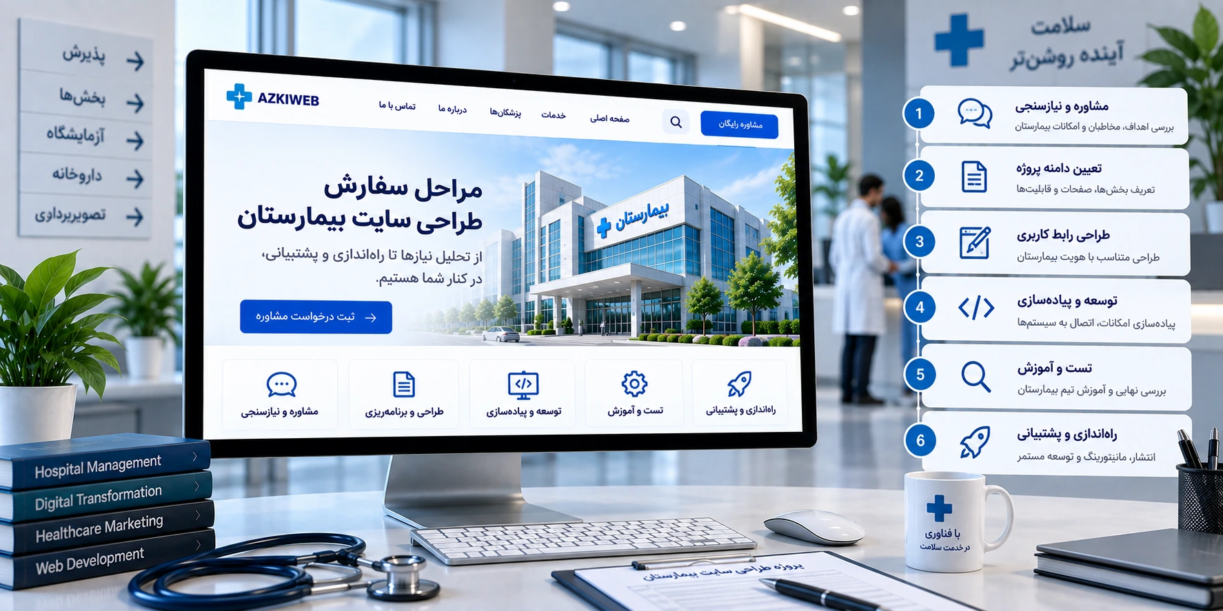 مراحل سفارش طراحی سایت بیمارستان از تحلیل نیاز تا توسعه، تست و راه‌اندازی