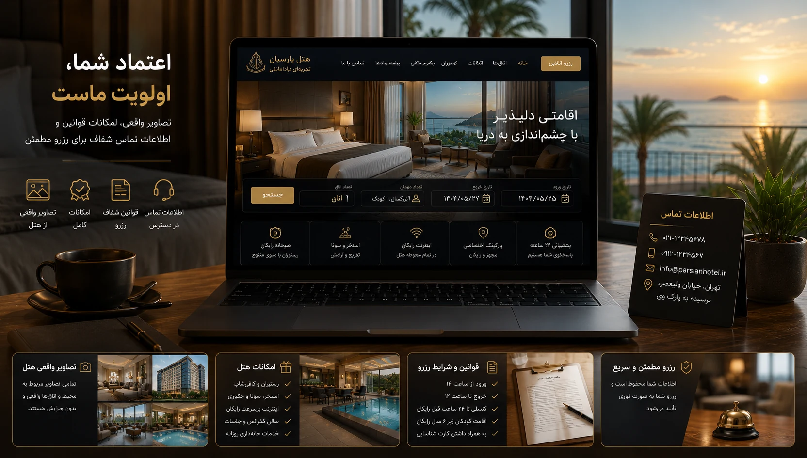 نمایش اتاق‌ها، ظرفیت، امکانات، تصاویر و جزئیات اقامت در طراحی سایت هتل