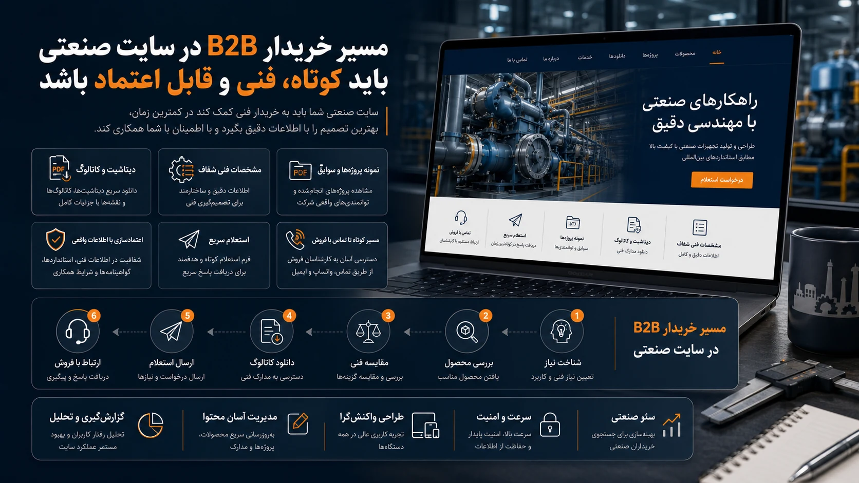 نمودار مسیر خریدار B2B از جستجوی محصول صنعتی تا استعلام قیمت و تماس با فروش